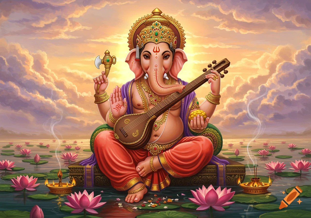 Ganesha, an elephant-headed Hindu deity, plays a sitar, seated on a throne in lotus-filled water under a colorful sunset sky.