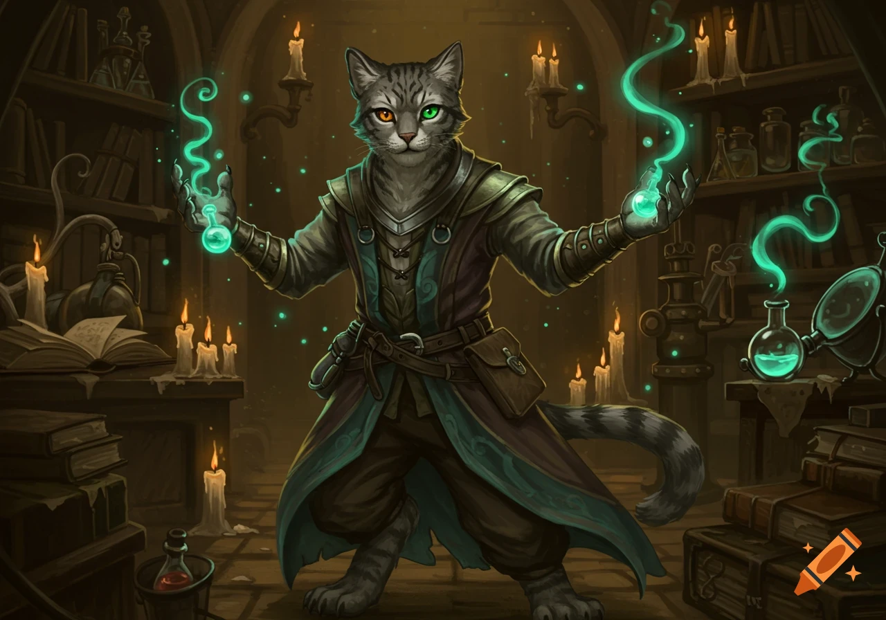 A grey tabby cat-like alchemist with one orange and one green eye stands in a dimly lit library, conjuring green magic from glowing potions.