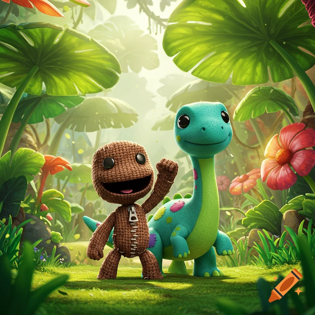 Sackboy and a cute green dinosaur stand happily in a vibrant jungle with large leaves and colorful flowers.