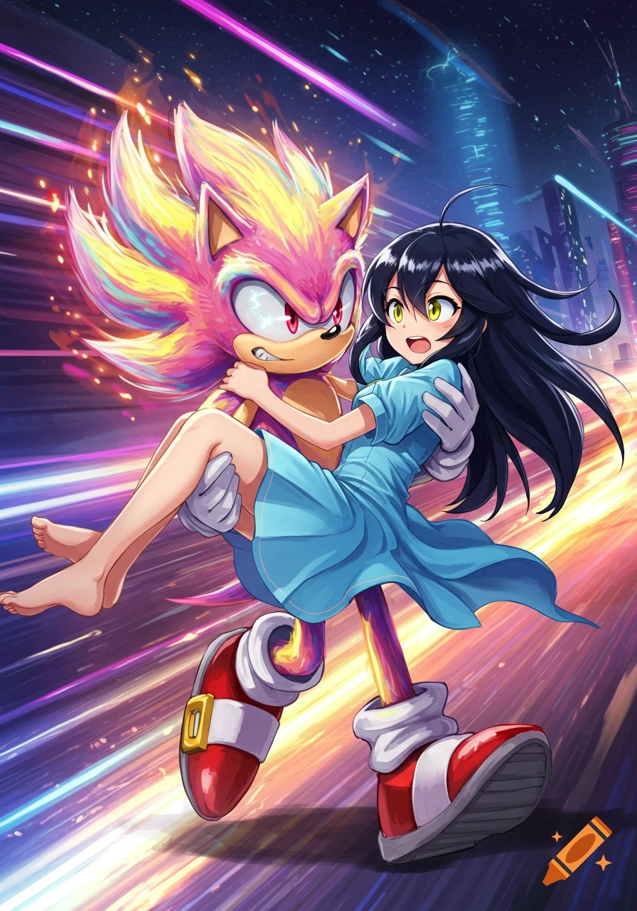Hyper Sonic carrying an anime girl through a vibrant, blurred city at night, in a dynamic anime art style.