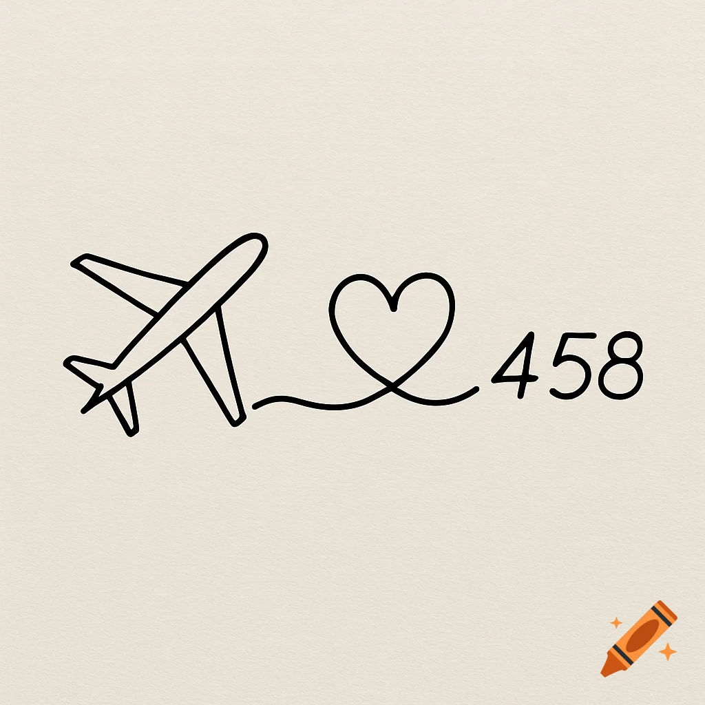 Black line art drawing of an airplane trailing a heart shape, followed by the numbers 458, on a beige background.