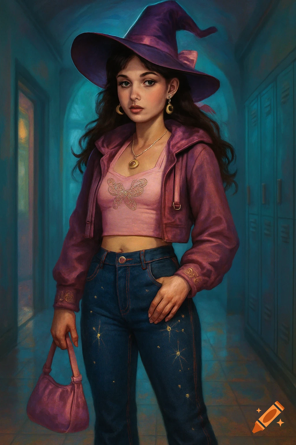 A young woman in a purple witch hat, pink crop top, and jeans with sparkling stars, stands in a school hallway.