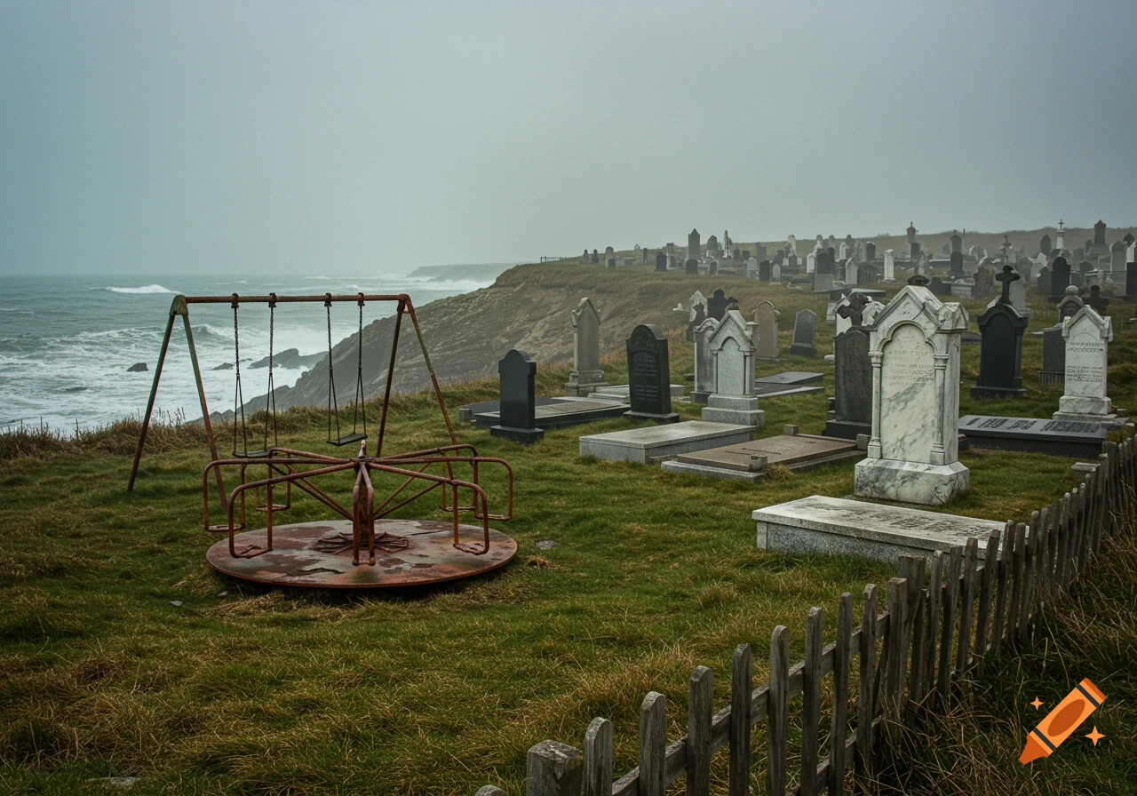An abandoned, rusty playground with swings and a merry-go-round sits in a cemetery on a misty cliff overlooking a stormy ocean.