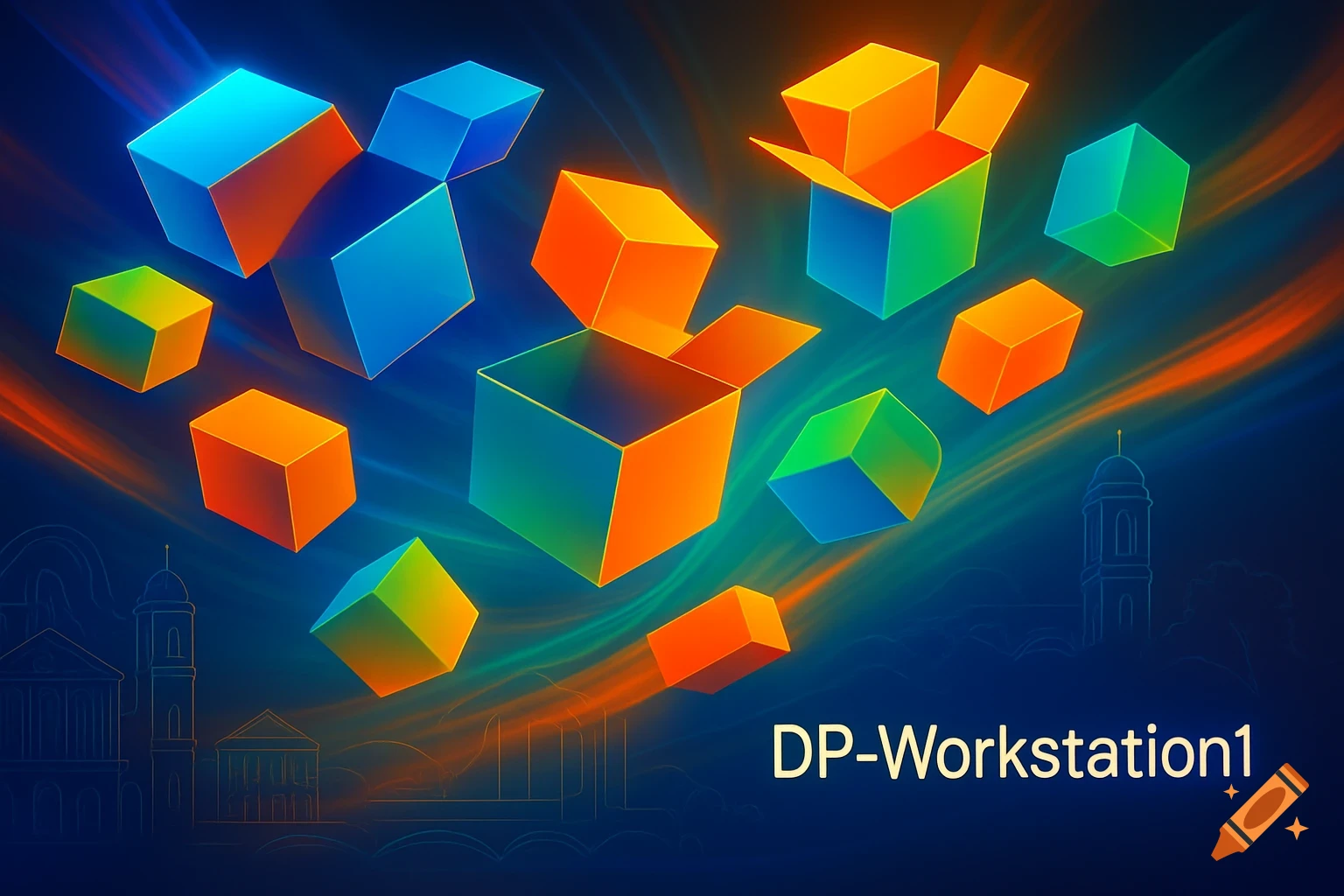 Colorful 3D boxes and open cartons float against a glowing blue background with faint architectural outlines and text 'DP-Workstation1'.