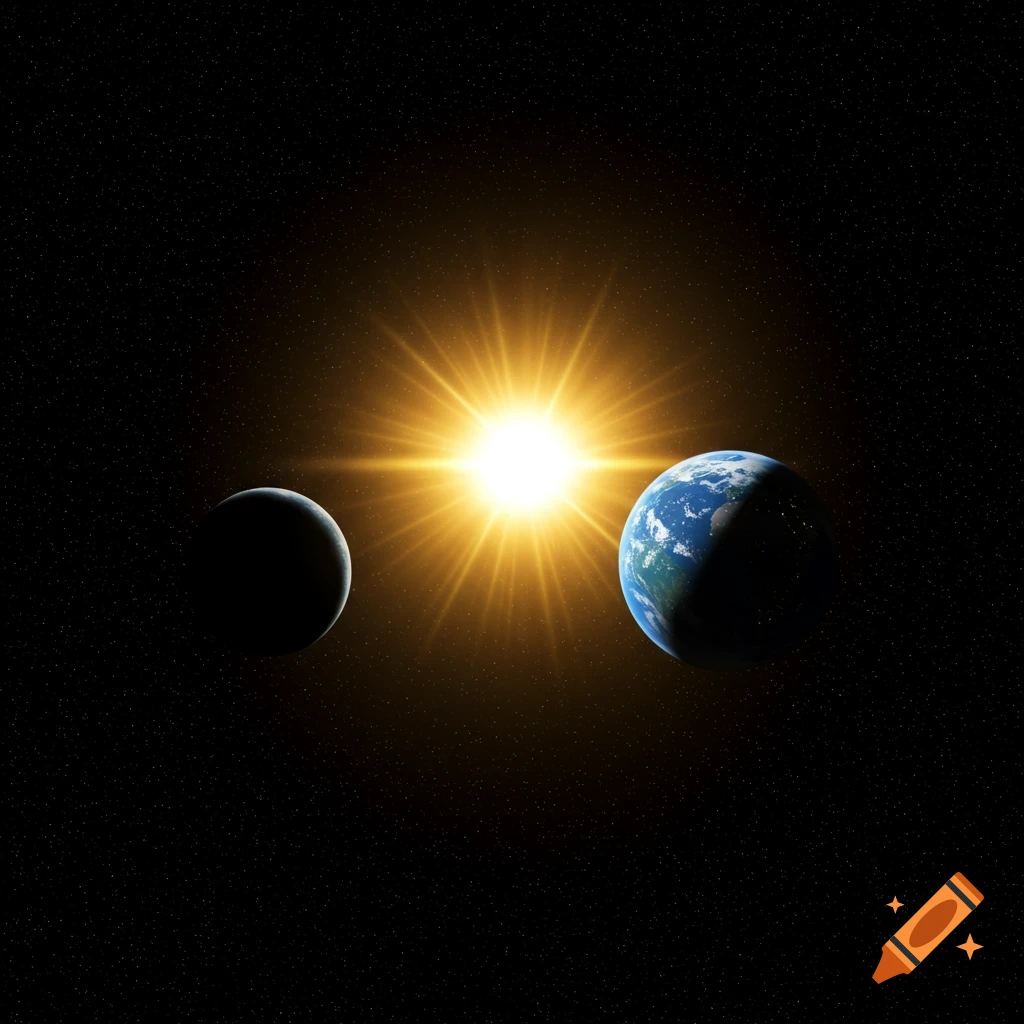 A photorealistic image of the Sun shining brightly between the Moon (left) and Earth (right) in a star-filled deep space.