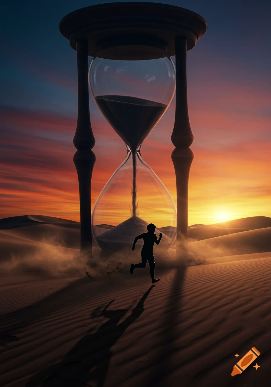 Silhouette of a person running through a desert at sunset, with a giant hourglass pouring sand.