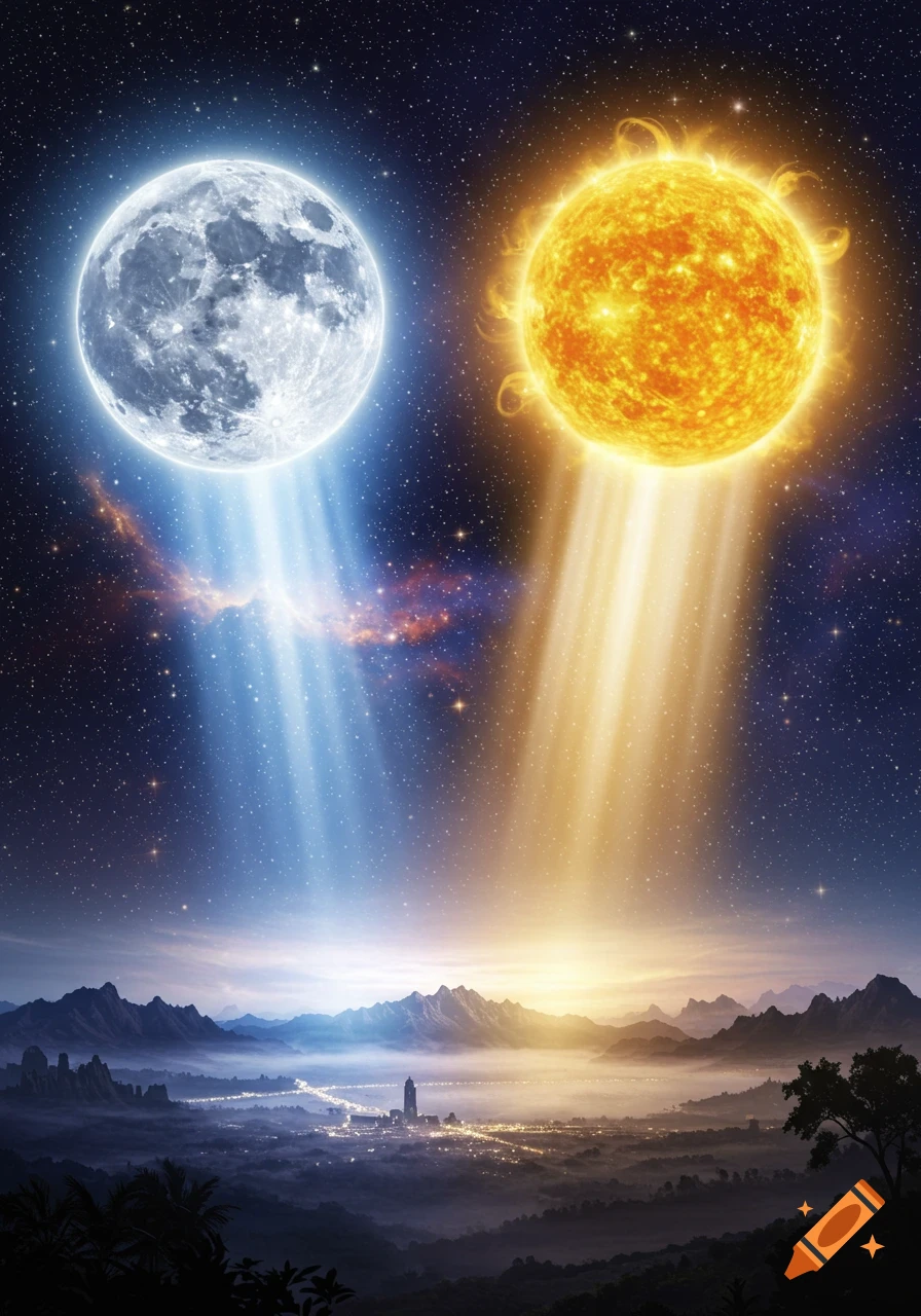 A fantastical landscape with a bright moon and sun shining beams onto a misty mountain valley with a illuminated city.