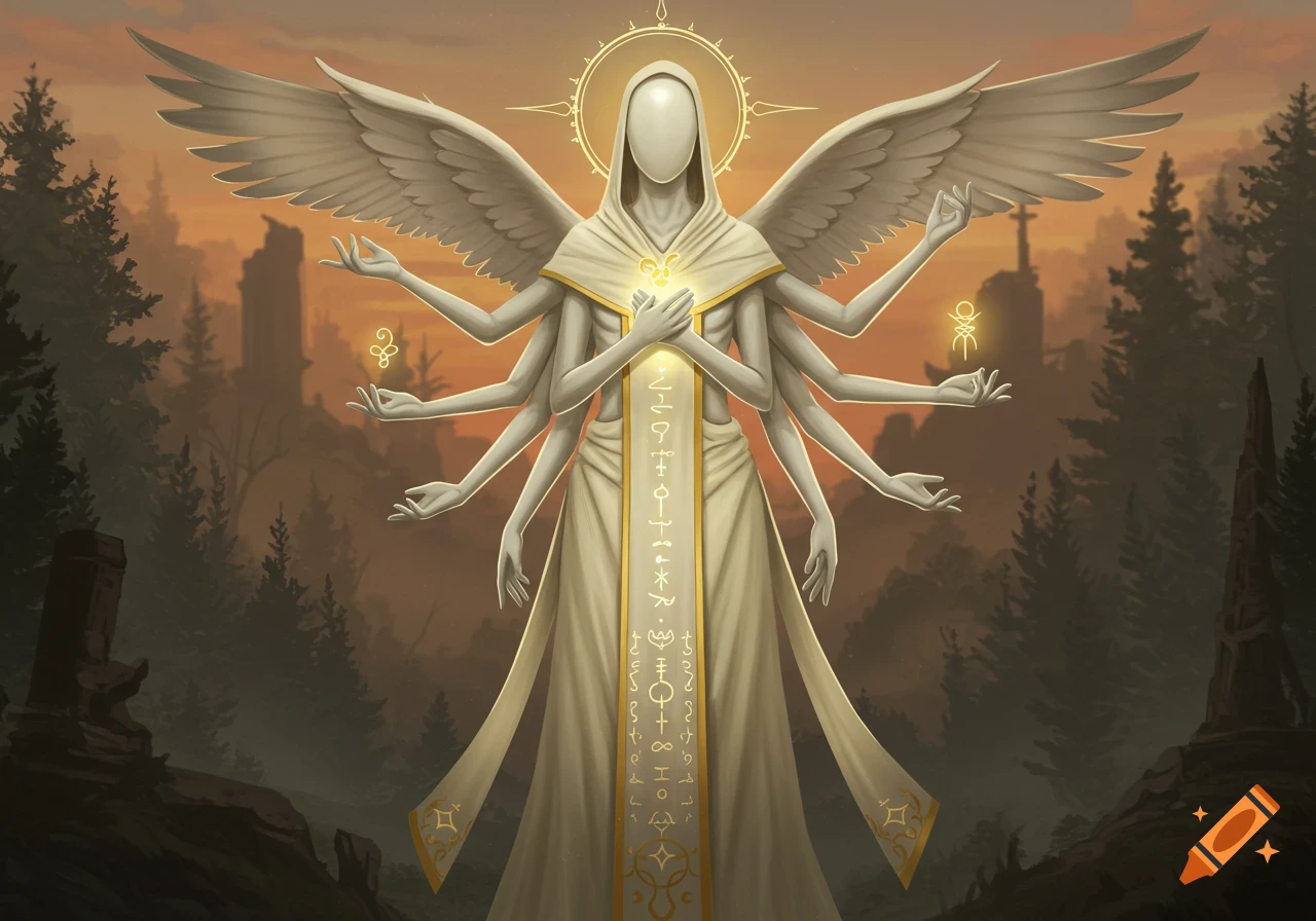 A towering, faceless angelic figure with multiple arms and large wings stands in a misty, forested landscape with ruins at sunset.