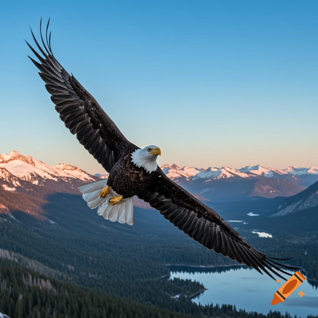 A majestic bald eagle soars with wide wings spread over a mountain range with forests and a lake below.