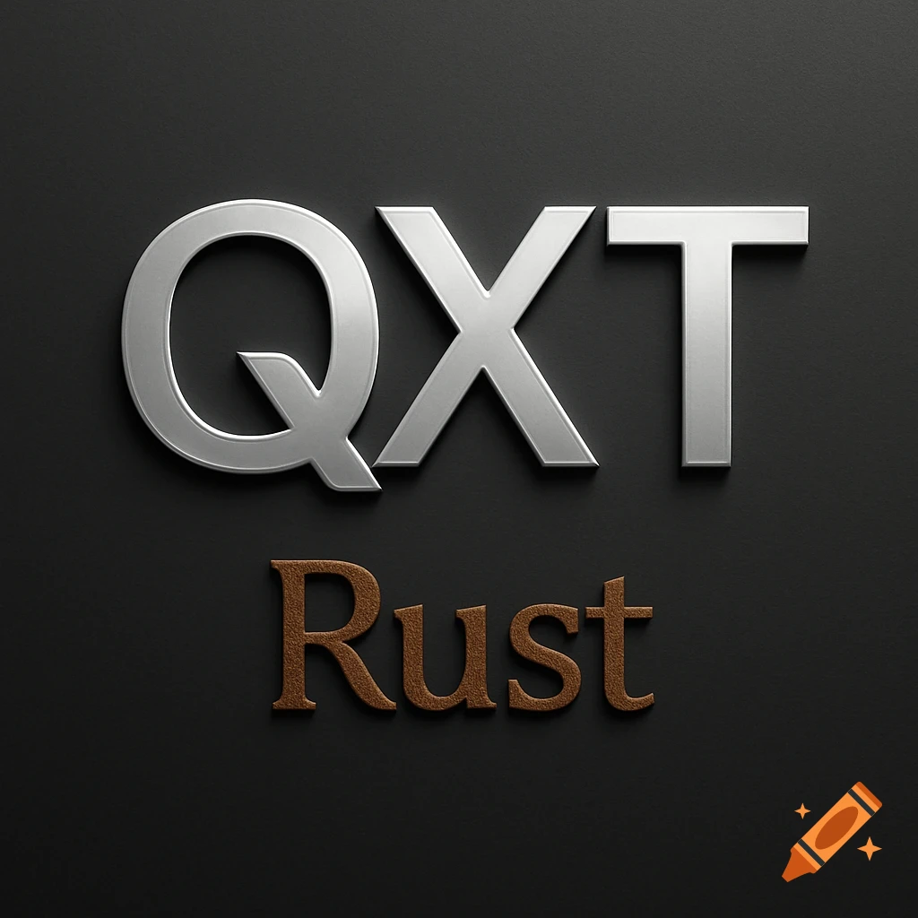 3D metallic silver letters QXT above textured brown letters Rust on a dark gray background.