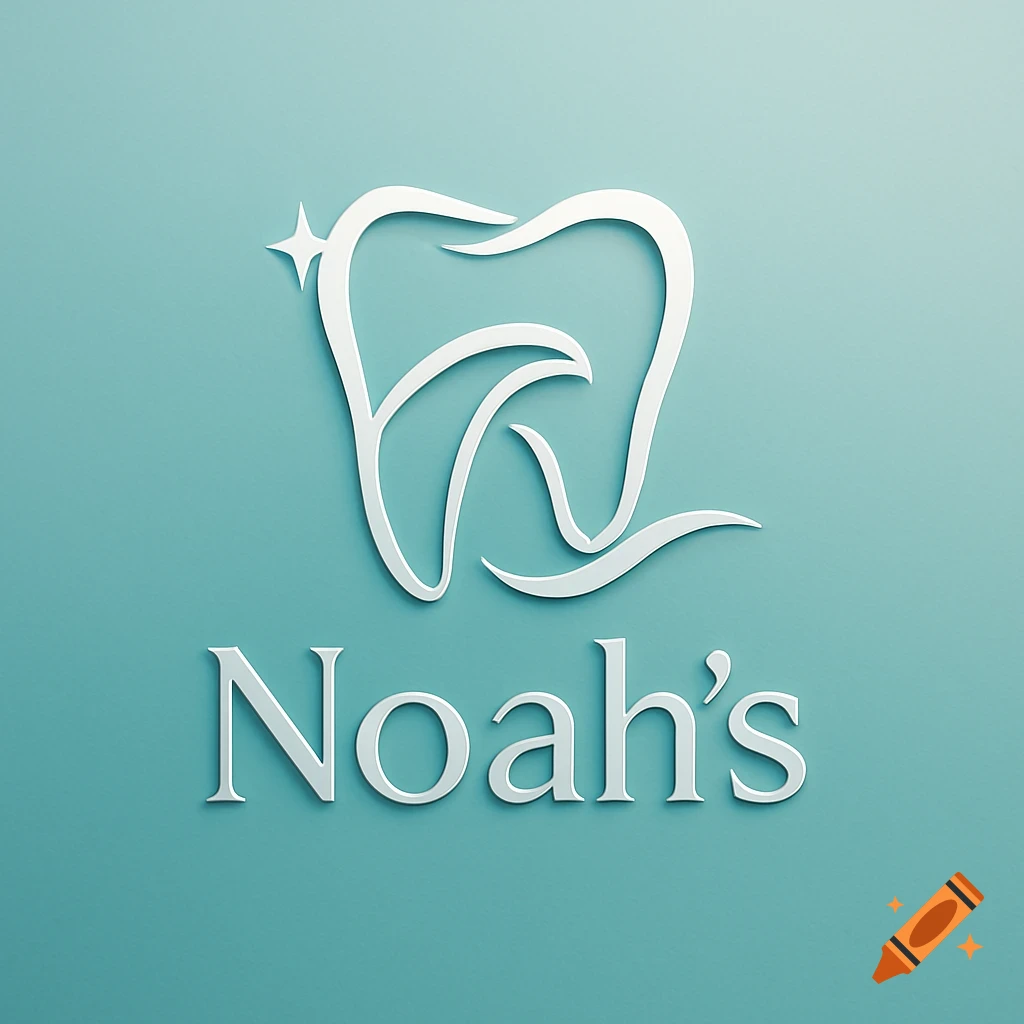 White outline logo of a tooth with a sparkle above the word Noah's, on a teal background.