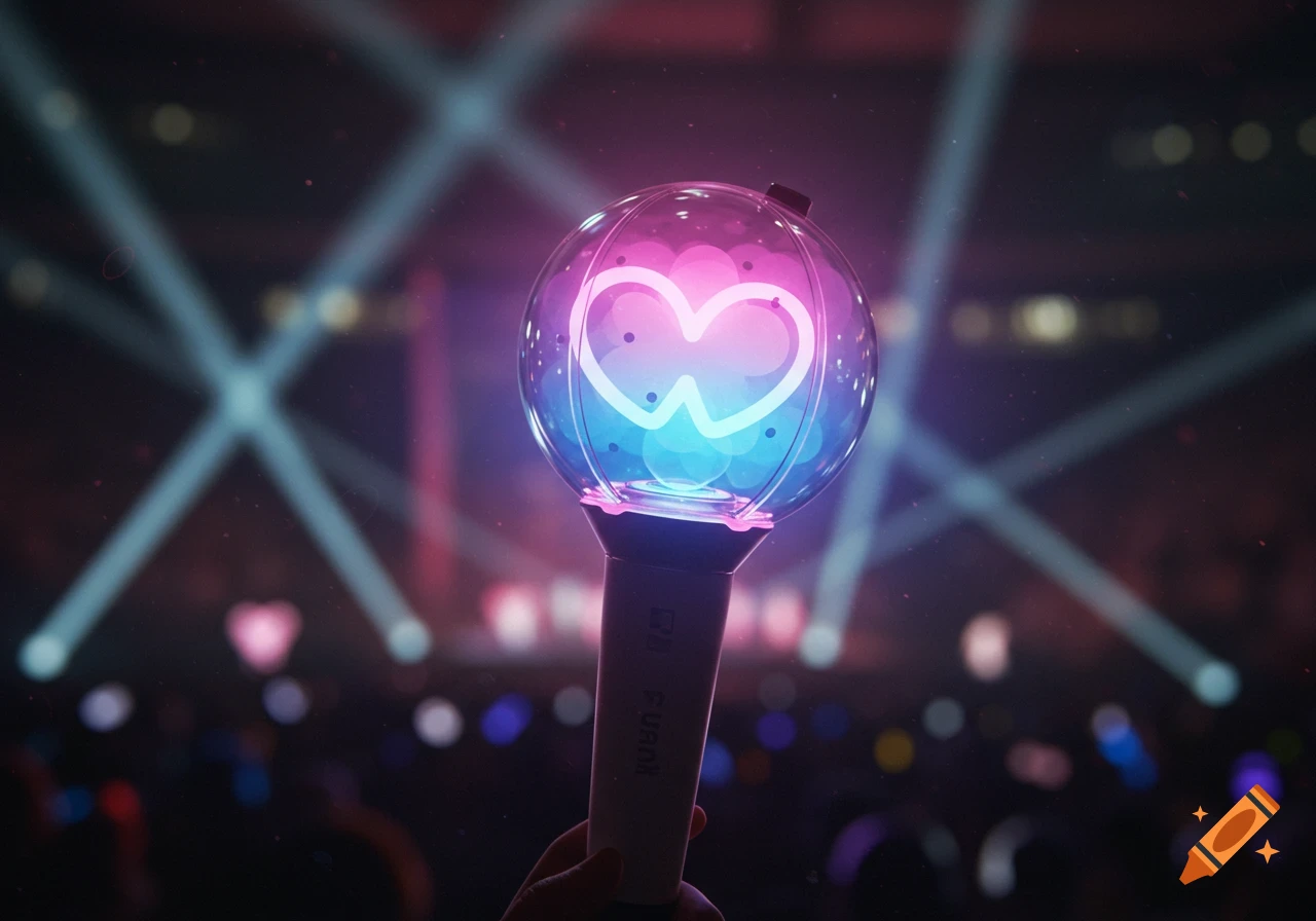 A glowing K-pop light stick held up at a concert with bright stage lights in the background.