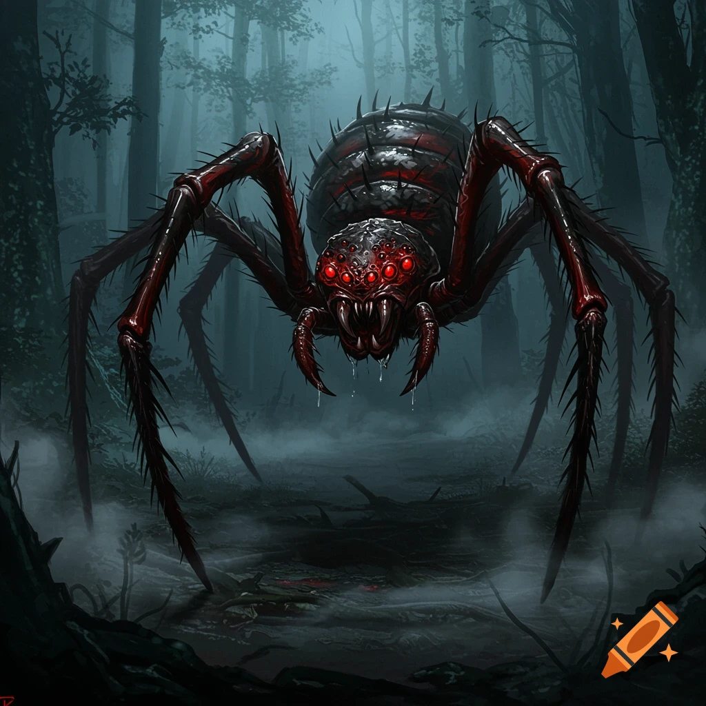 A terrifying giant spider with glowing red eyes and a black and red body stands menacingly in a dark, misty forest.