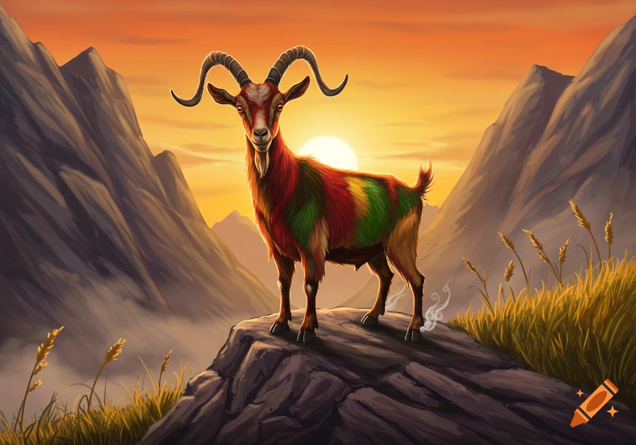 A colorful Rasta-striped goat stands on a rocky mountain peak against a vibrant sunset sky, digital art.
