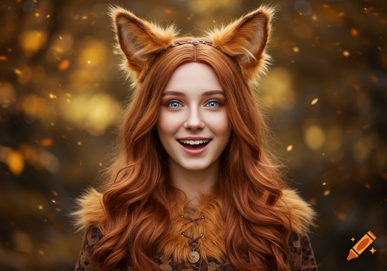 Smiling young woman with long red hair, blue eyes, and fox ears, wearing a fur-trimmed costume. Photorealistic portrait.