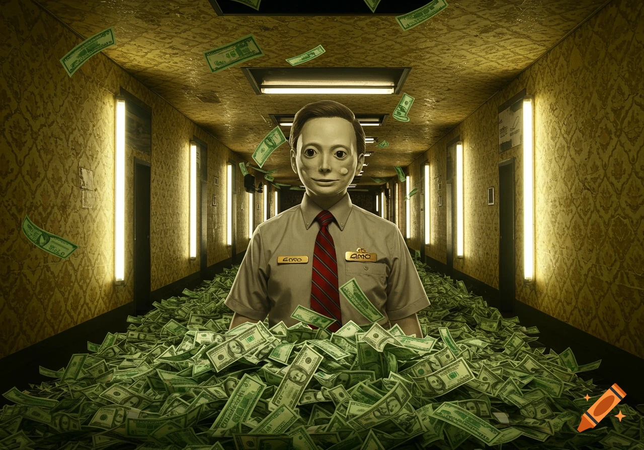 An uncanny, mask-faced employee in a uniform stands waist-deep in a pile of money in a narrow, dimly lit hallway, with more money floating down around them.