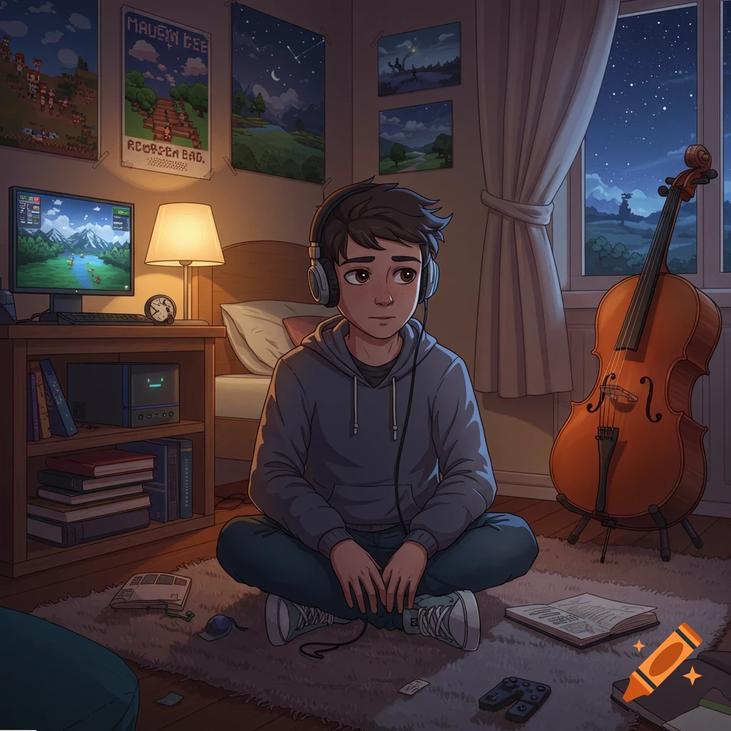 A cartoon teenage boy with headphones sits cross-legged on a rug in his bedroom, surrounded by a computer, books, and a cello.