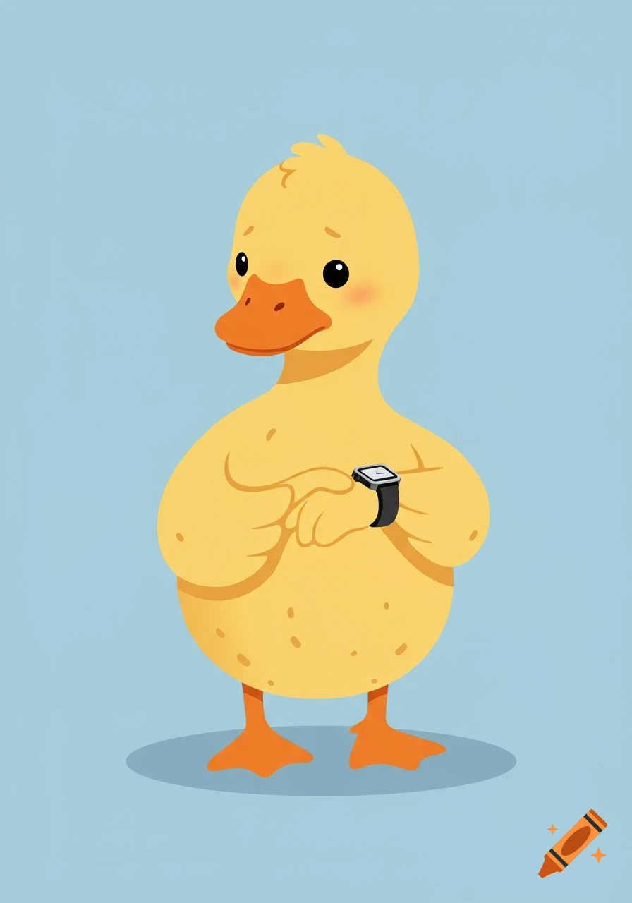A cartoon duck with a hesitant expression, wearing a black smartwatch on a light blue background.