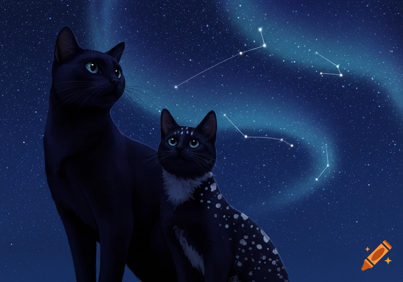 Two black cats gaze up at a starry night sky with blue aurora and constellations in an illustration.