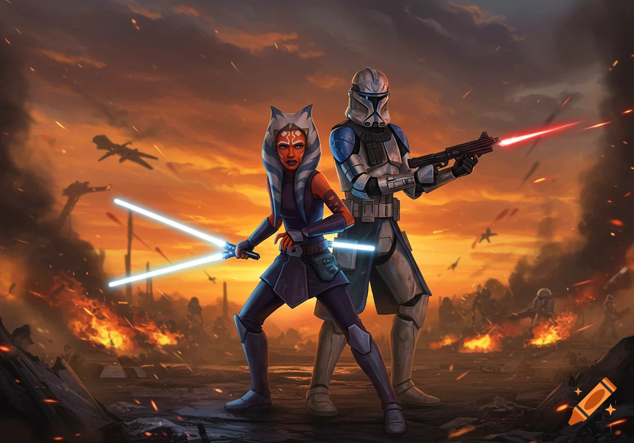 Ahsoka Tano with two lightsabers and Captain Rex with a blaster stand in a fiery, war-torn landscape under an orange sky.