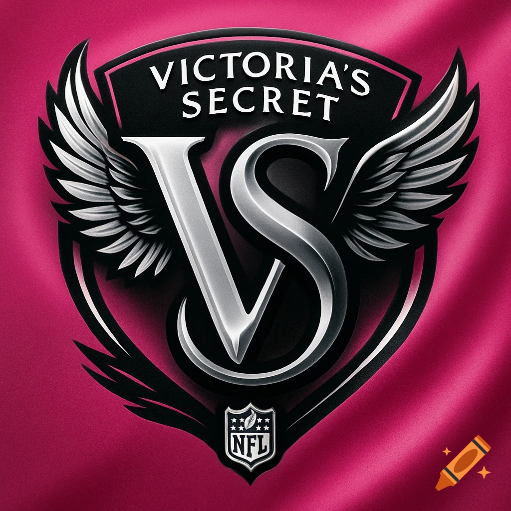 A black and pink shield logo featuring 'VICTORIA'S SECRET' text, stylized 'VS' letters with wings, and an NFL shield at the bottom.