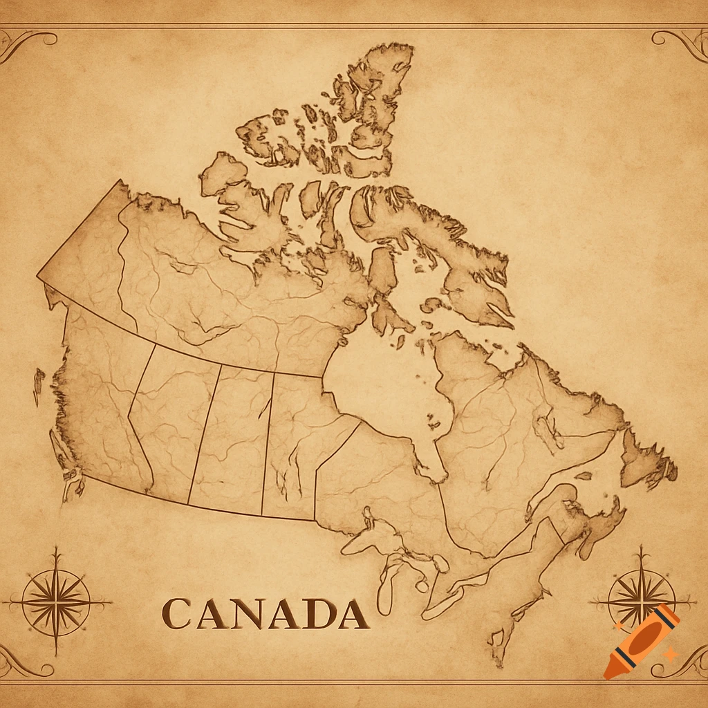 An aged, sepia-toned map of Canada with provincial borders and compass roses.