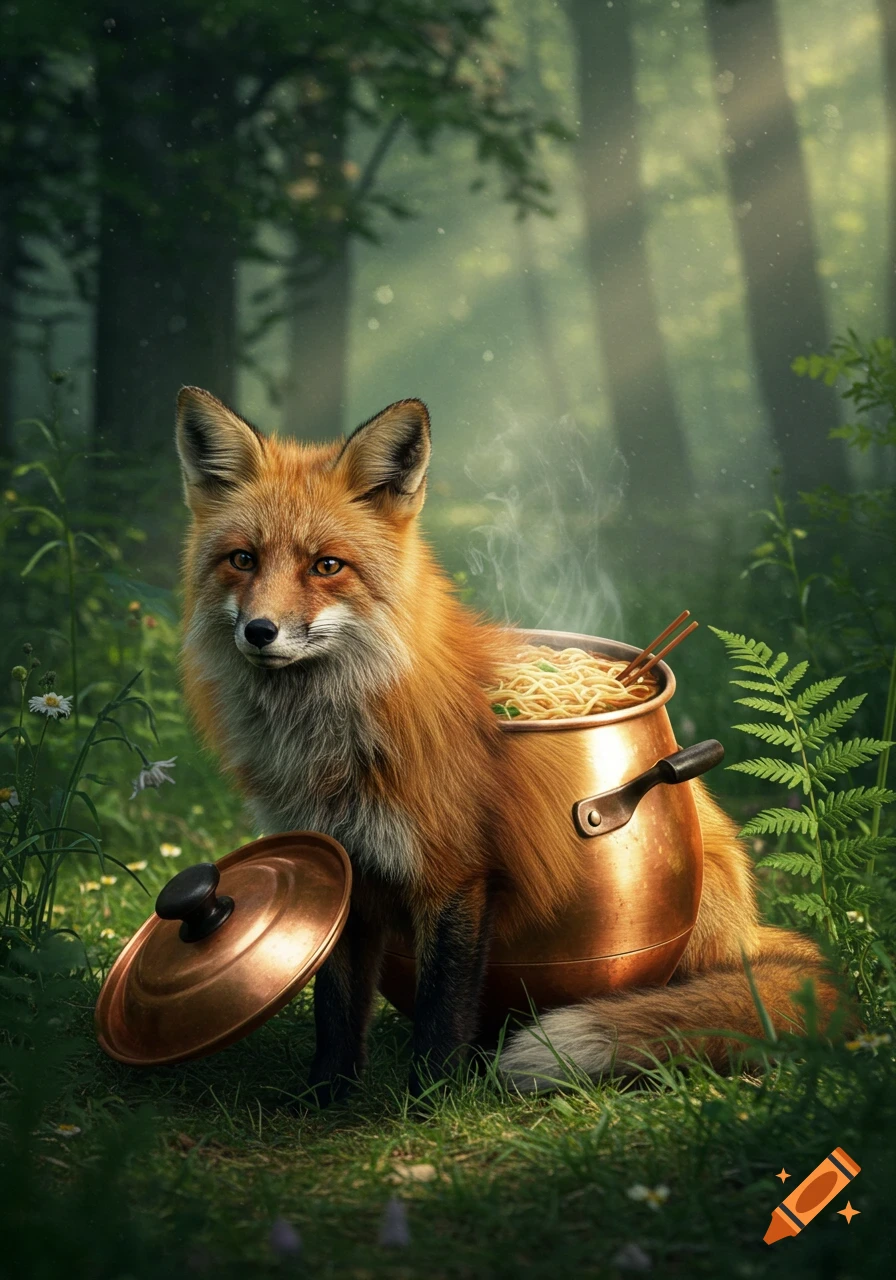 A realistic fox with a steaming pot of noodles as its body sits in a vibrant green forest.