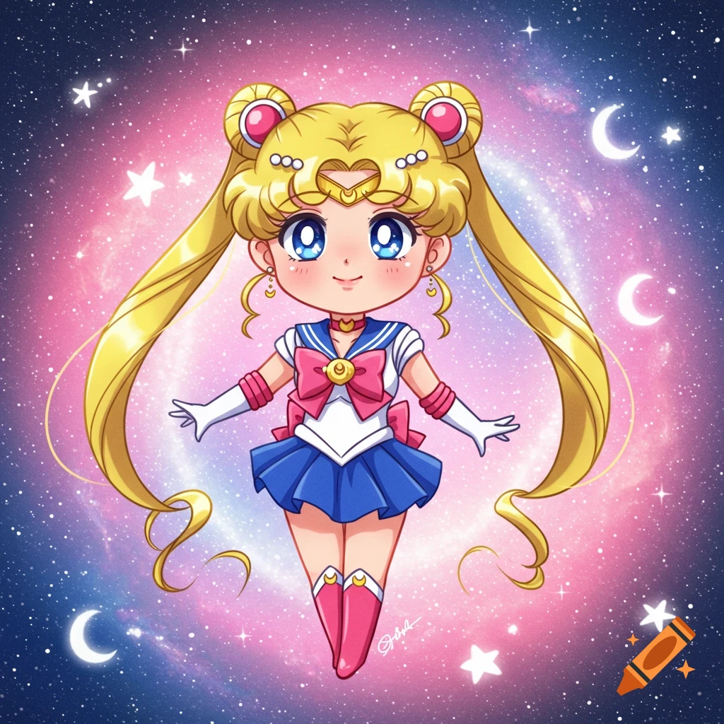 Chibi-style Sailor Moon with blonde pigtails and a sailor uniform floats in a vibrant pink and blue galaxy with stars and crescent moons.