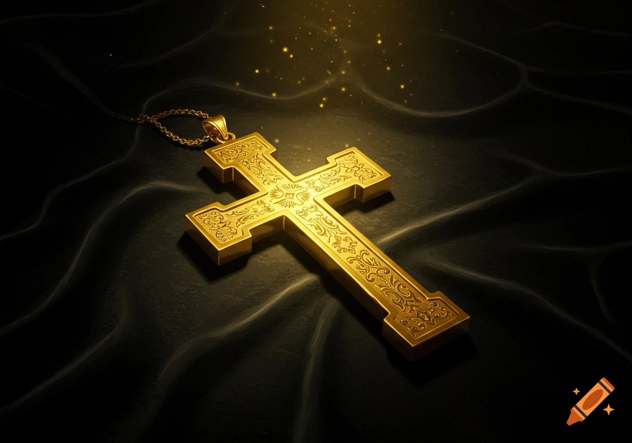 An ornate golden cross with intricate carvings lies on a dark, wavy black velvet surface, illuminated by golden light.