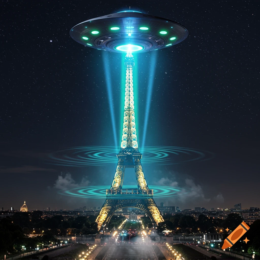 A photorealistic image of a futuristic UFO hovering above the Eiffel Tower at night, with bright blue light beams connecting to the tower.