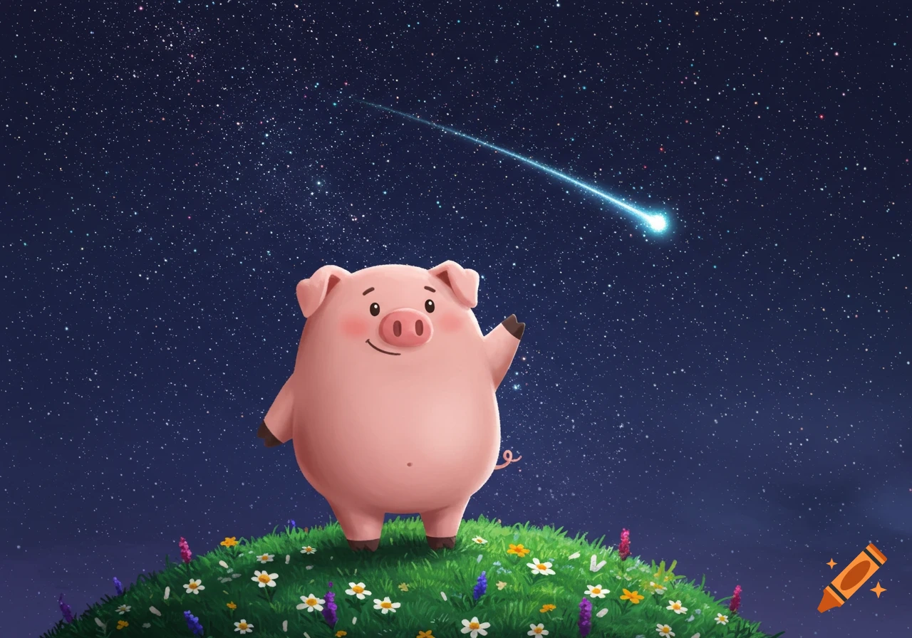 A cute cartoon pig stands on a green, flower-covered mound, looking up at a starry night sky with a bright shooting star.
