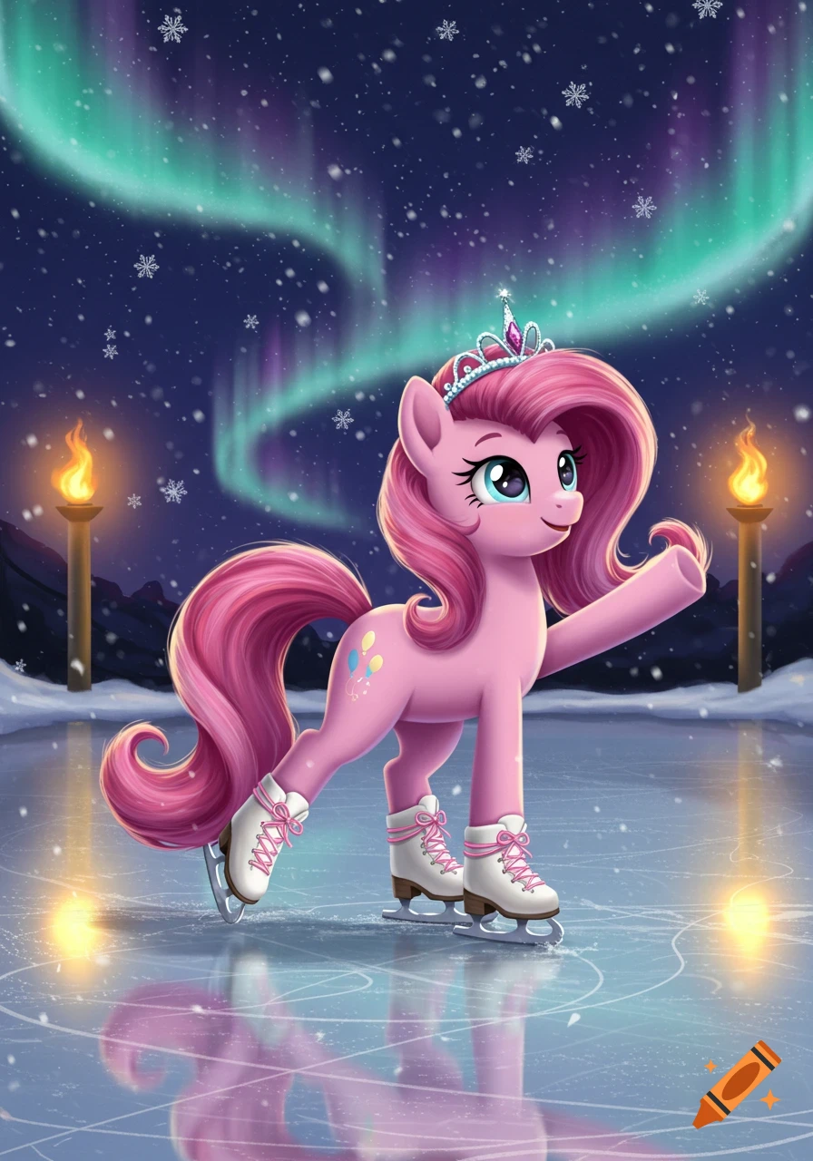 A pink pony wearing a tiara and ice skates glides on an icy pond under a snowy night sky with aurora borealis and torchlights.