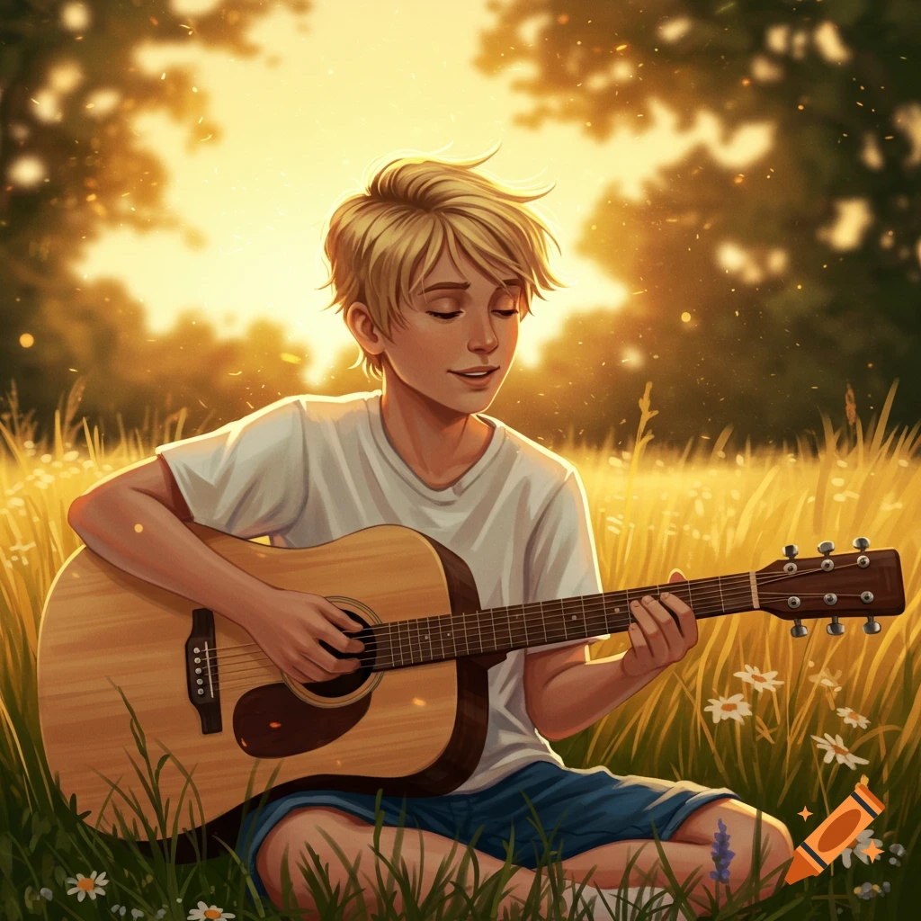 A blonde boy sits in a sunny golden field, playing an acoustic guitar amidst wildflowers.