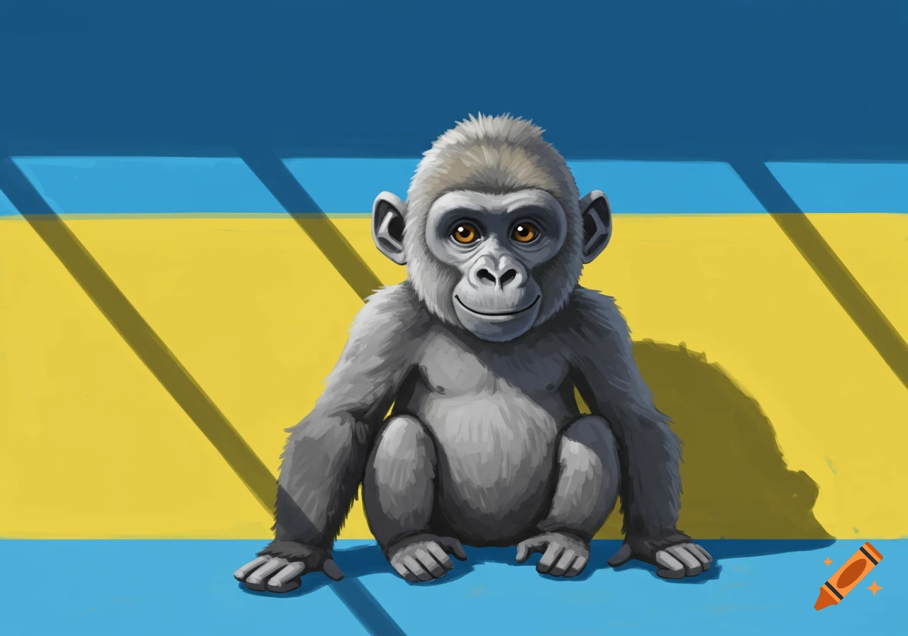 A cute, smiling grey gorilla tag monkey sits, staring at the camera against a blue and yellow striped background in a cartoon style.