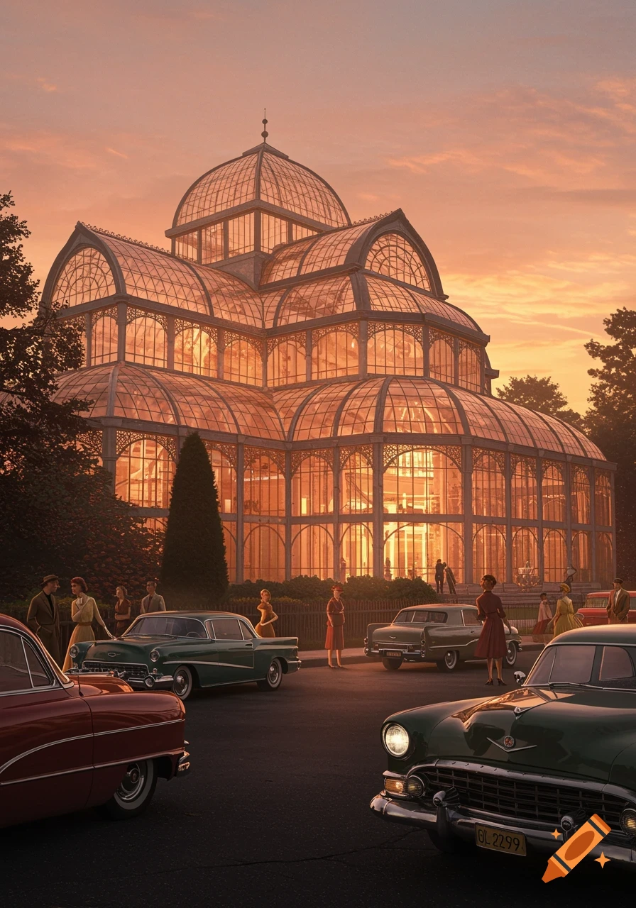 A grand glass palace and vintage cars at sunset, with people mingling in front.