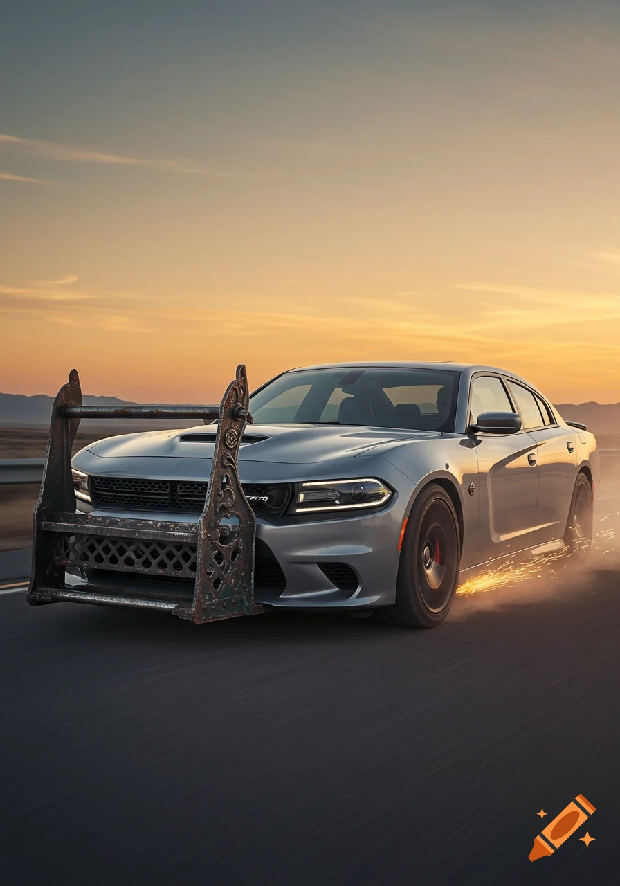 A sleek silver Dodge Charger with a large, ornate vintage-style cowcatcher attached to its front, driving on a road at sunset with sparks flying from its wheels.