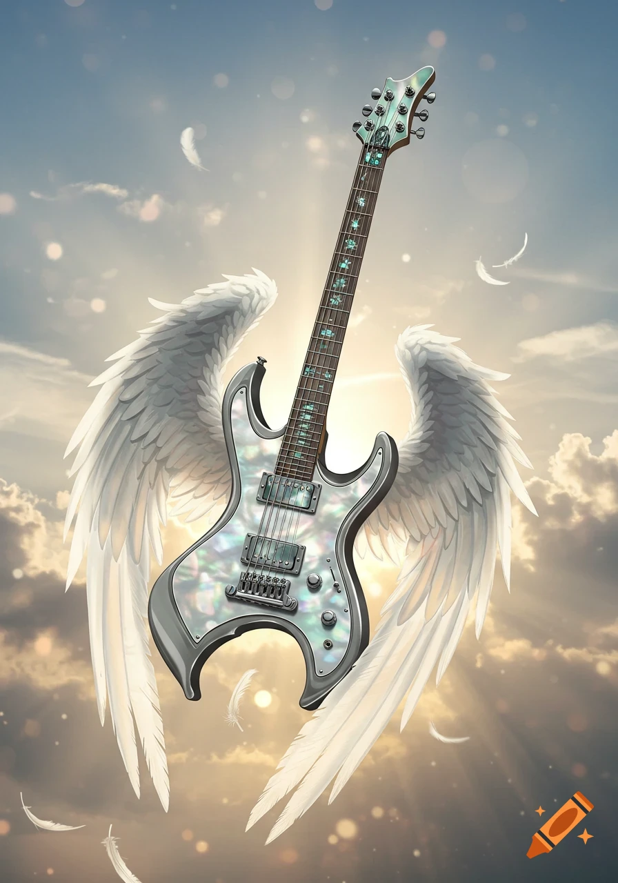 An electric guitar with large white angel wings floats in a bright, cloudy sky with sun rays.