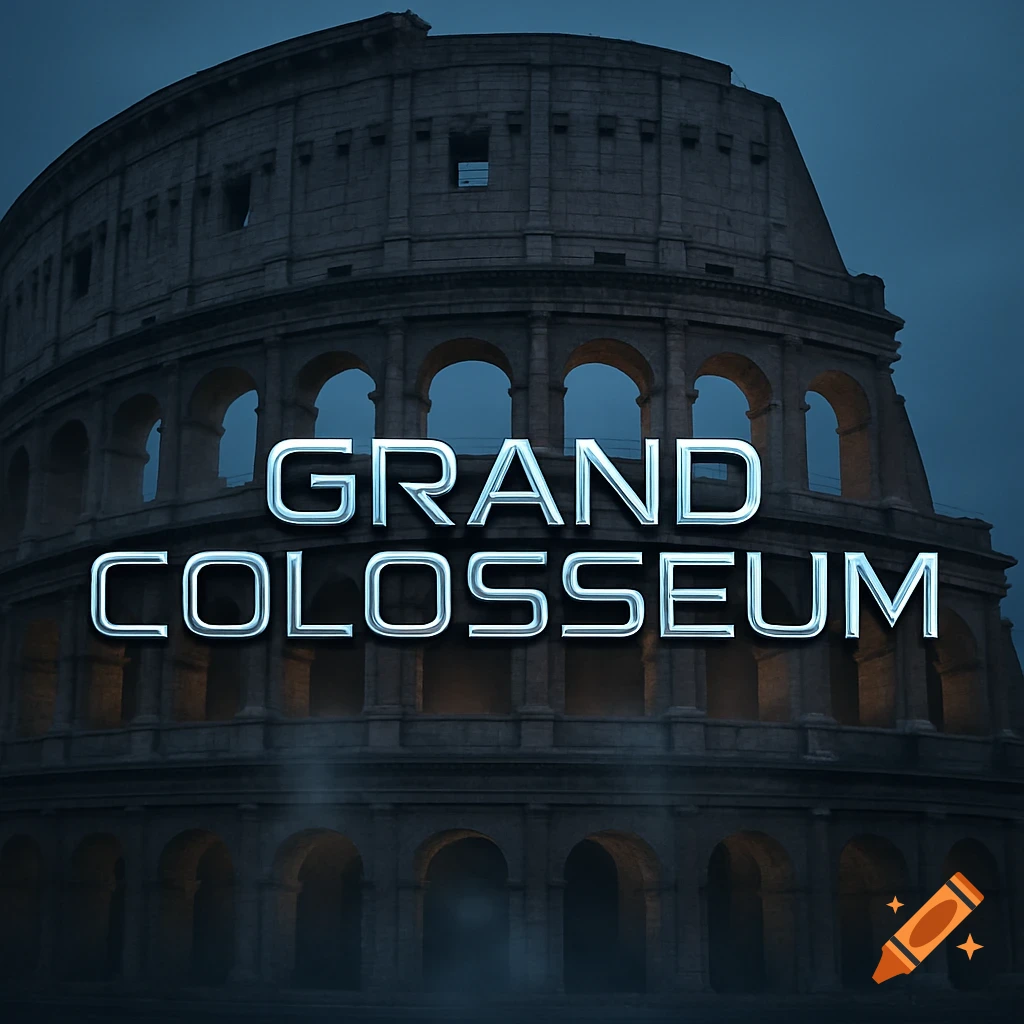 Metallic text 'GRAND COLOSSEUM' dramatically overlaid on a dark, detailed image of the Roman Colosseum.