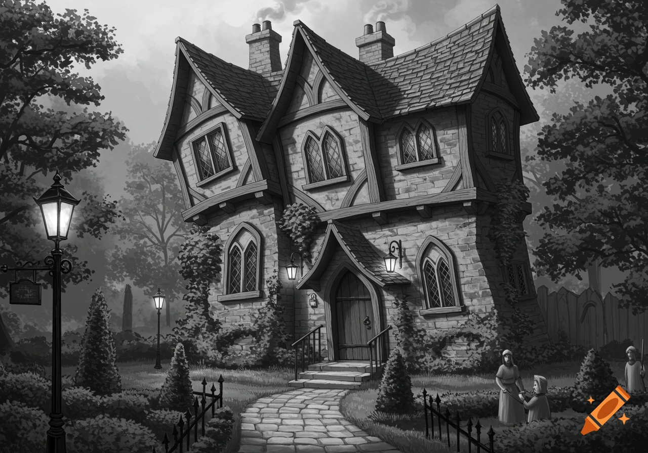 A monochrome cartoon illustration of a crooked, medieval-style stone house surrounded by trees and a garden path.