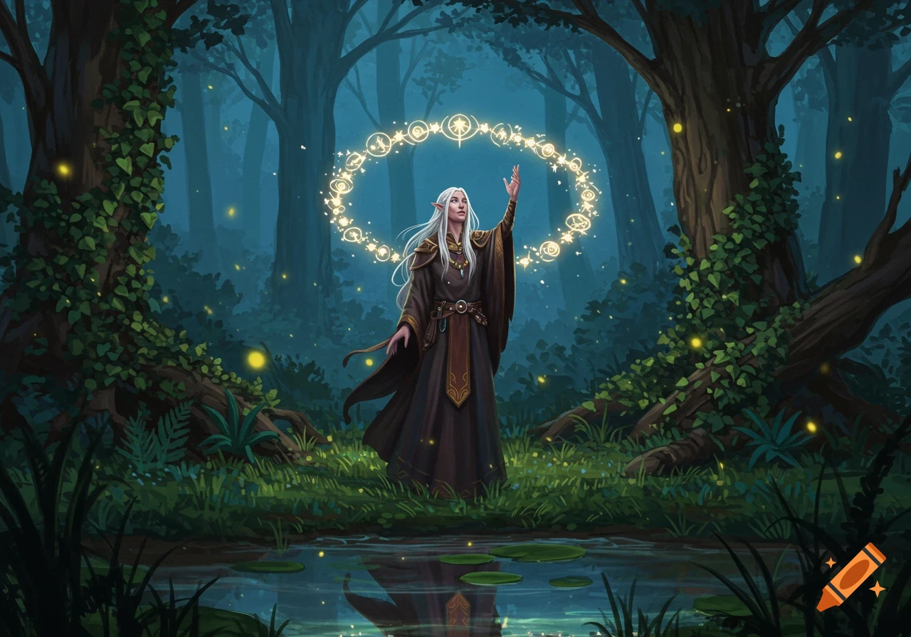 An elf-like druid in a dark forest casts a spell, surrounded by a glowing ring of arcane symbols and fireflies.