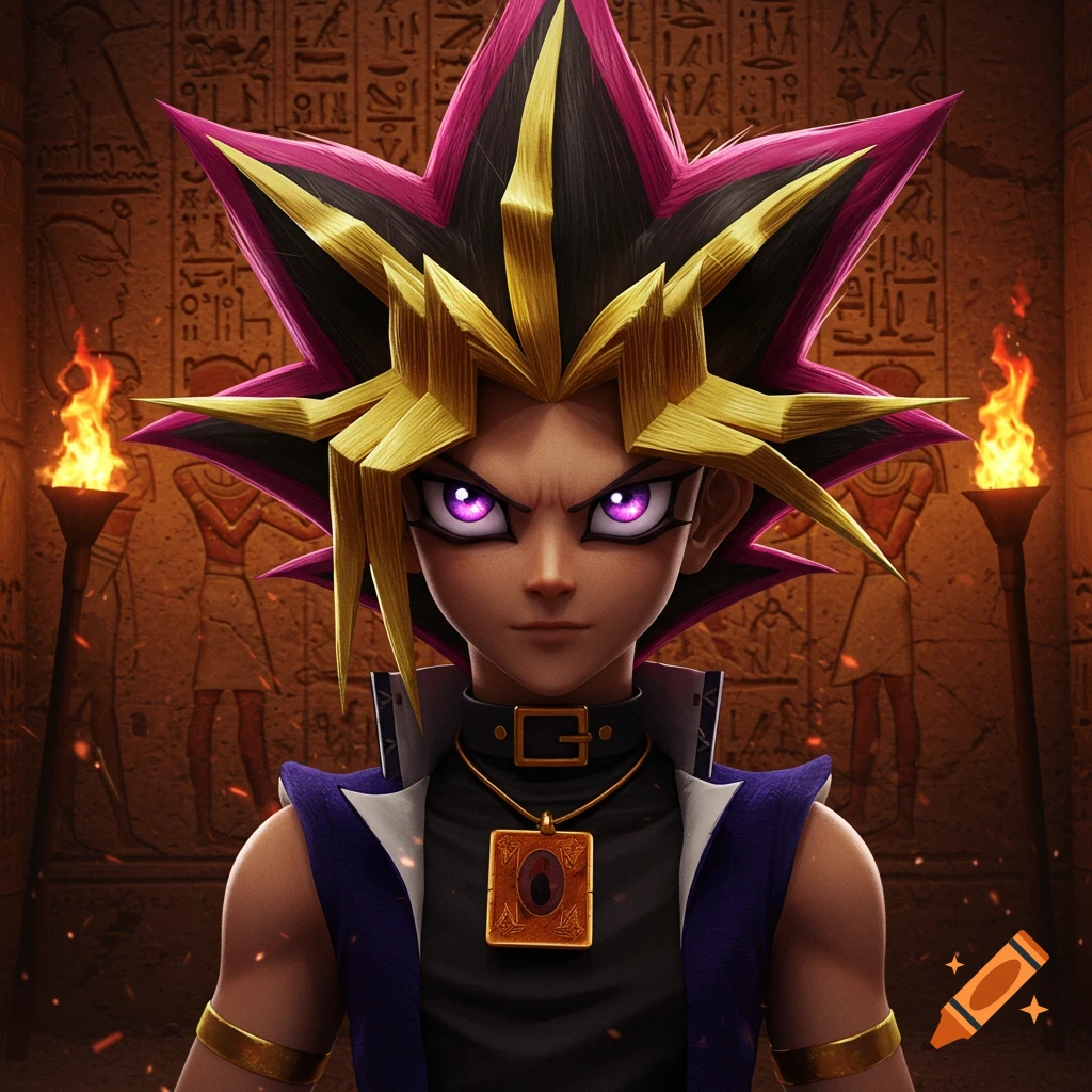 A realistic portrait of Yami Yugi, a character with spiky black, gold, and pink hair, and glowing purple eyes, wearing a Millennium Puzzle necklace, against an ancient Egyptian wall with hieroglyphs and torches.