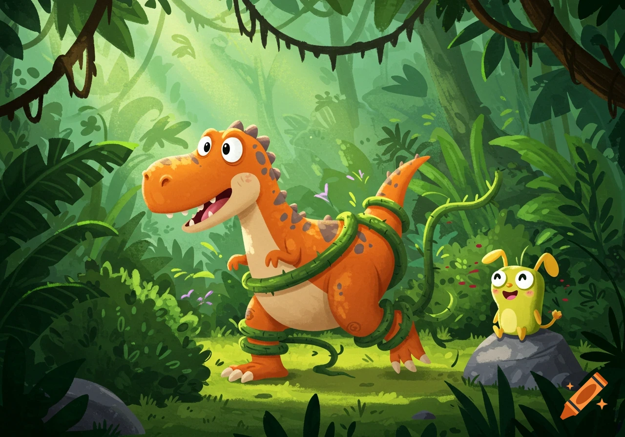 A humorous cartoon illustration of an orange T-Rex tangled in vines in a vibrant jungle, as a small yellow creature giggles on a rock.