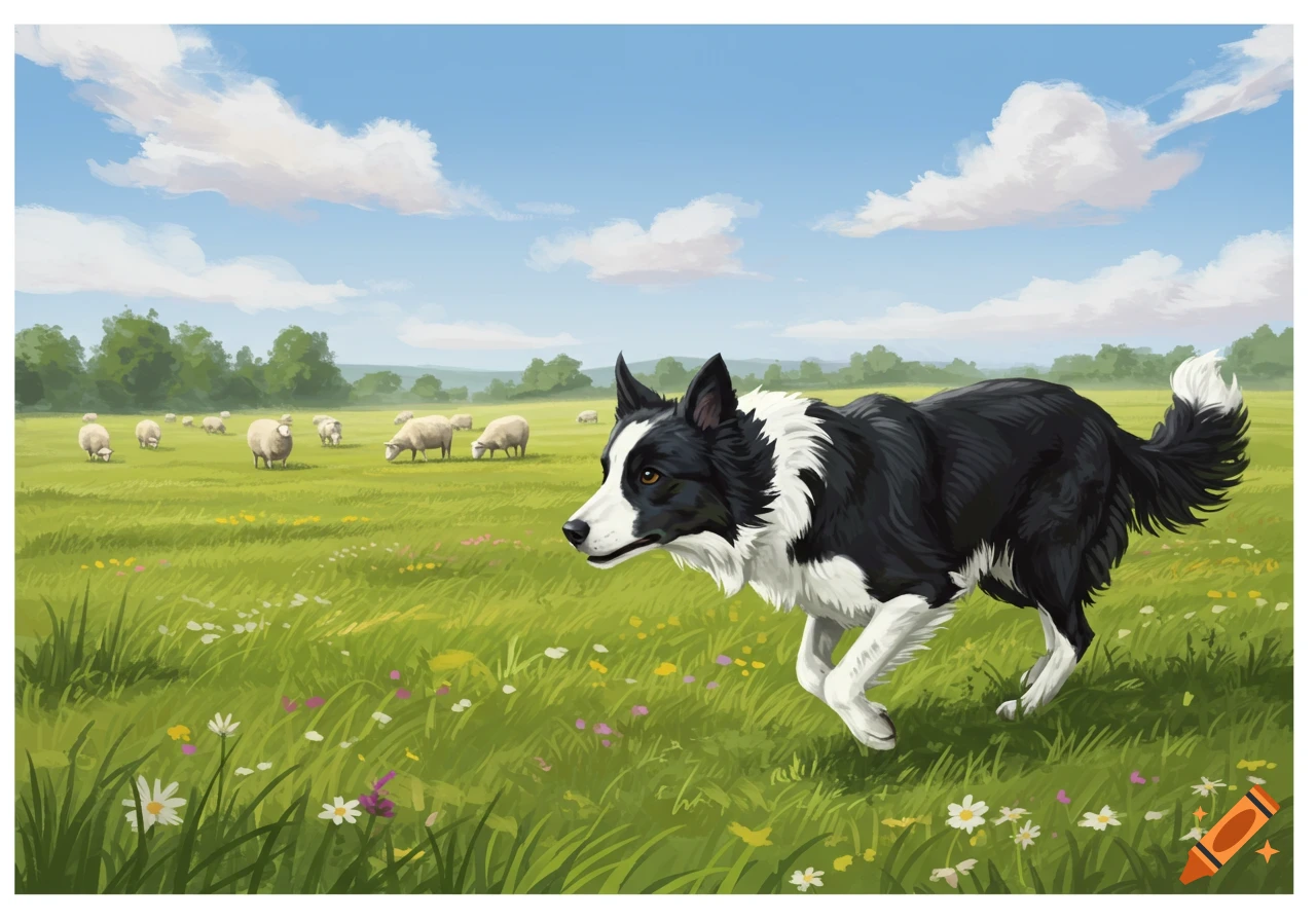 A black and white border collie running in a green field with sheep under a blue sky, illustrated.