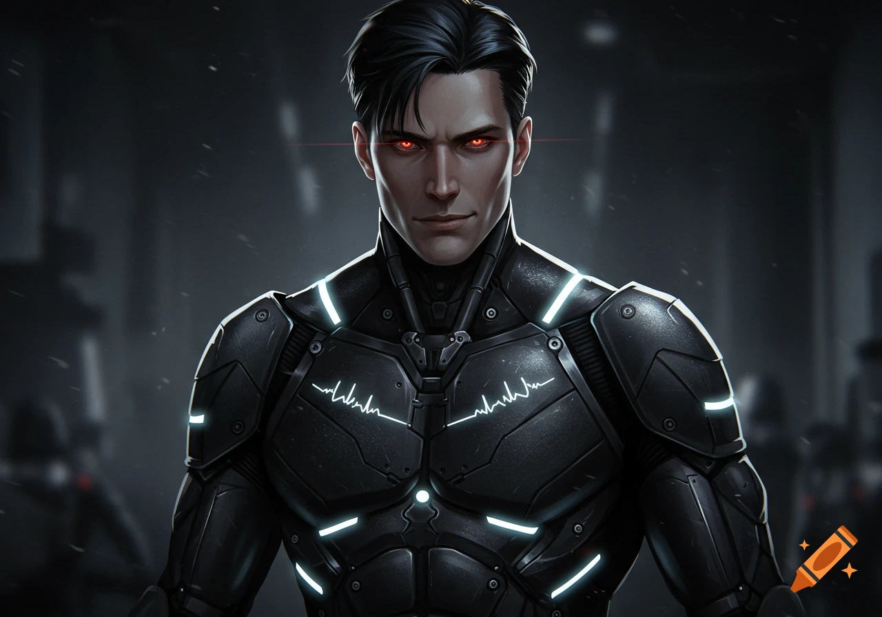 Close-up of a man in black futuristic armor with glowing white accents and red eyes, smirking in digital art style.
