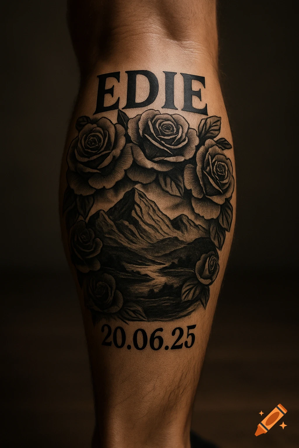 A photorealistic black and grey tattoo on a person's calf, featuring the name 'EDIE', a rose wreath, mountains, and the date '20.06.25'.