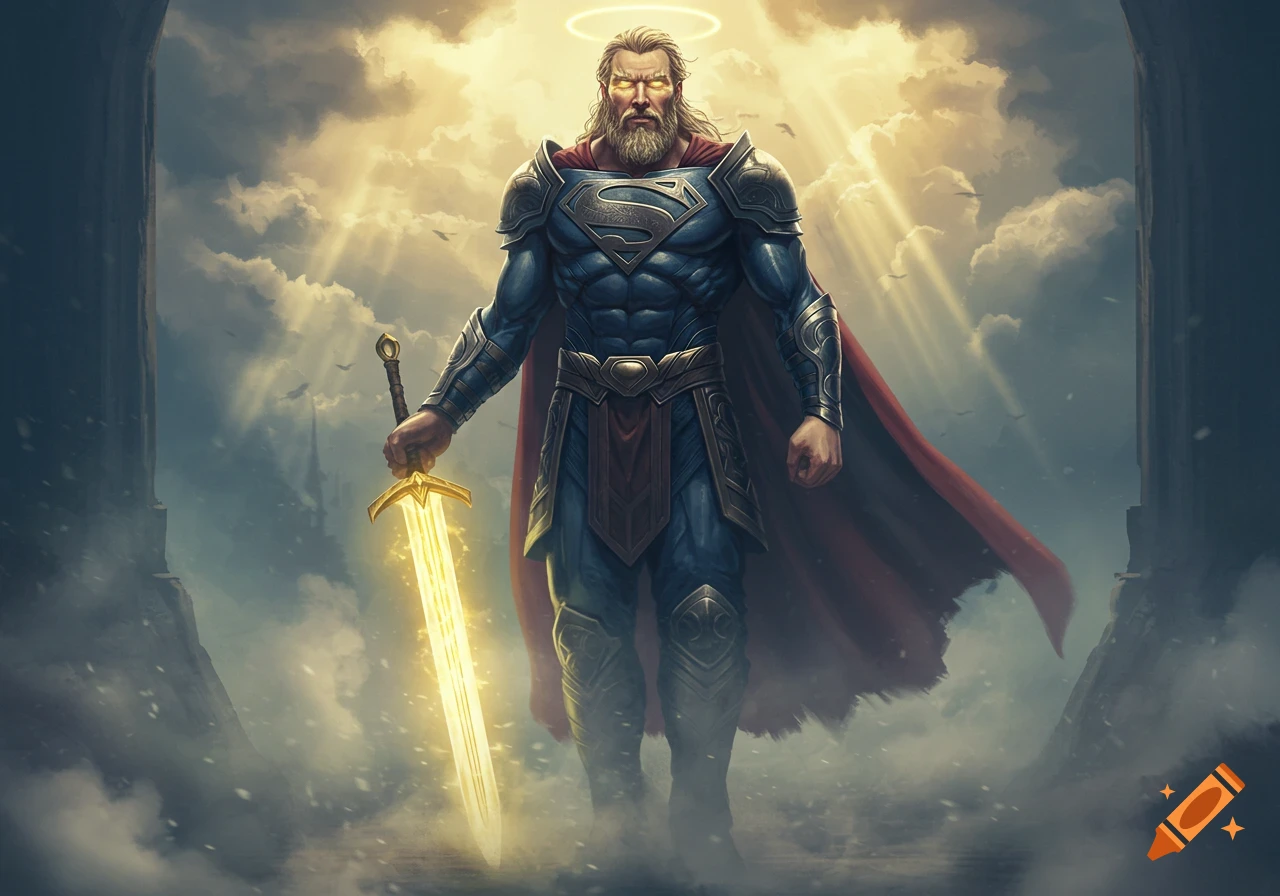 A powerful, bearded Superman-like figure in armor stands in a sunlit, cloudy sky, holding a glowing golden sword. He has a halo and glowing eyes.