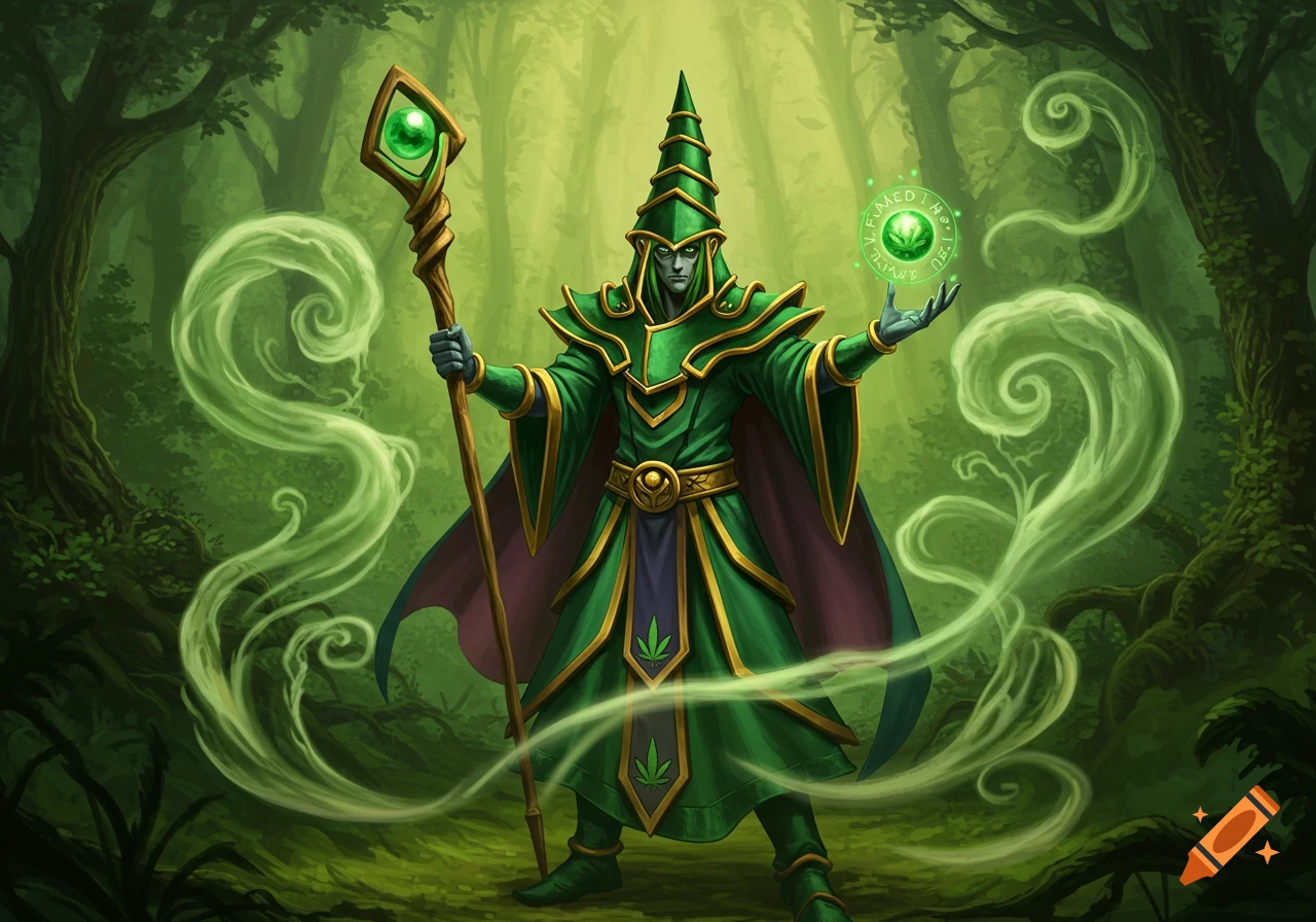 A dark wizard in a green robe with cannabis leaf symbols holds a staff and glowing orb in a mystical forest.