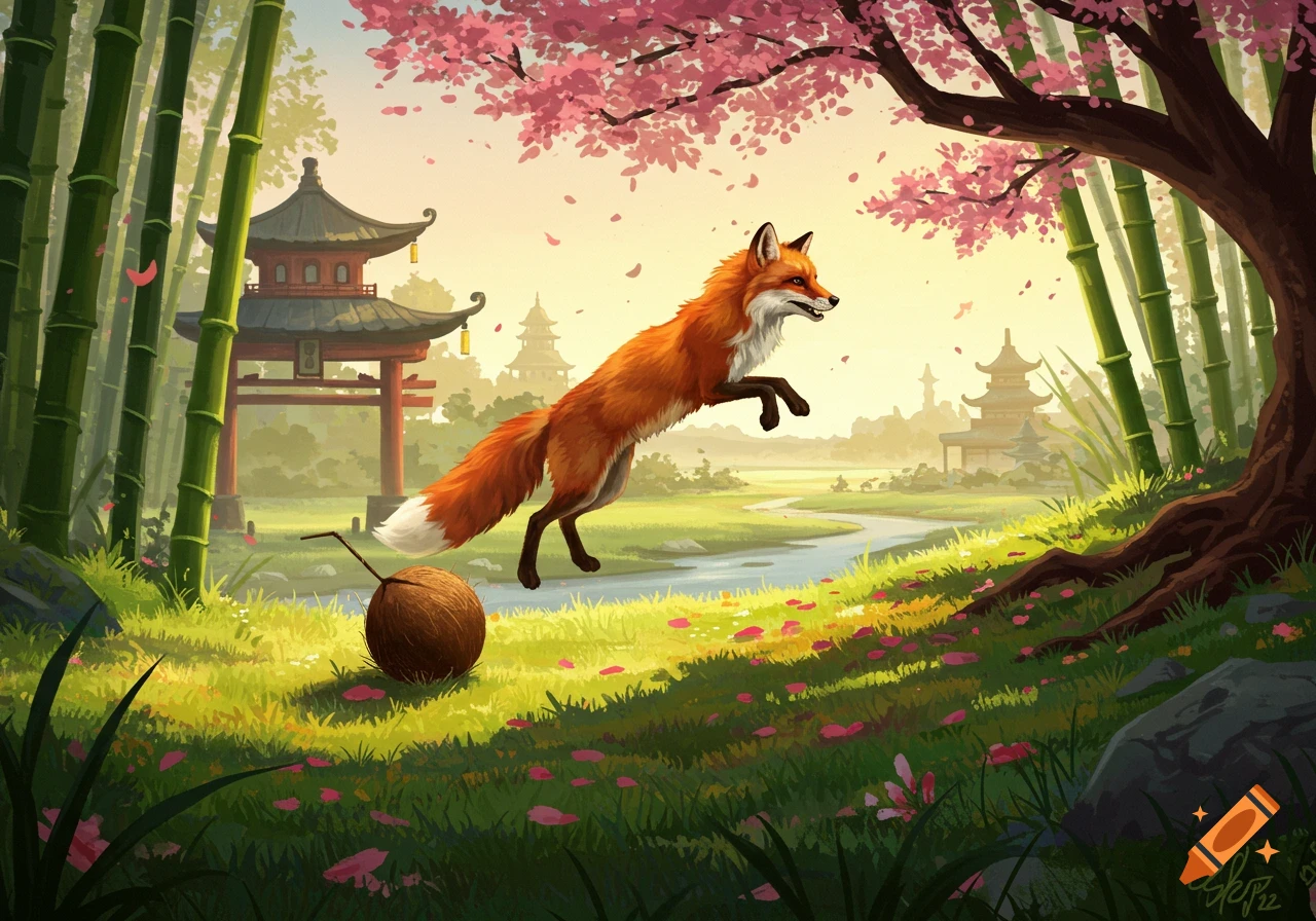 A vibrant illustration of a fox jumping over a coconut in a Japanese landscape with bamboo, cherry blossoms, and pagodas.