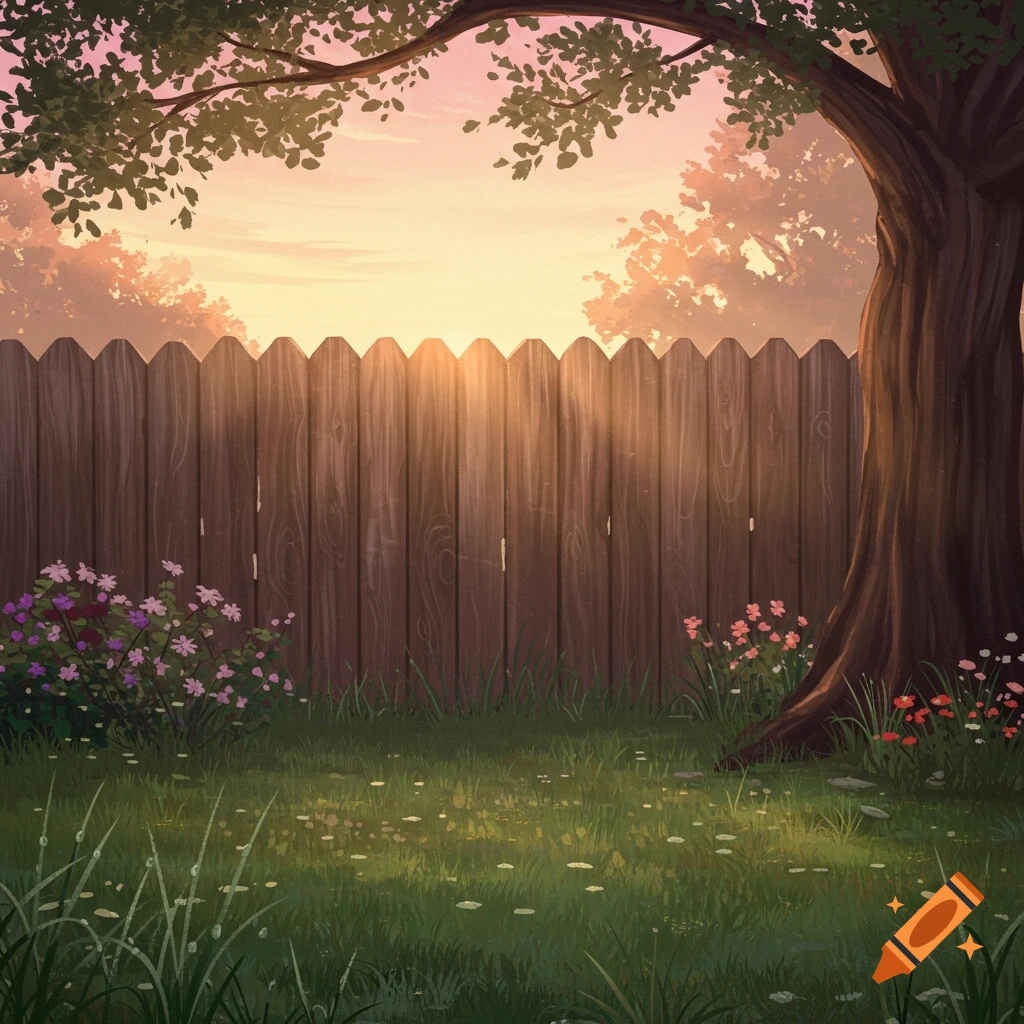 Illustrative backyard scene at dawn with a wooden fence, green grass, vibrant flowers, and a large tree under a pink and orange sky.