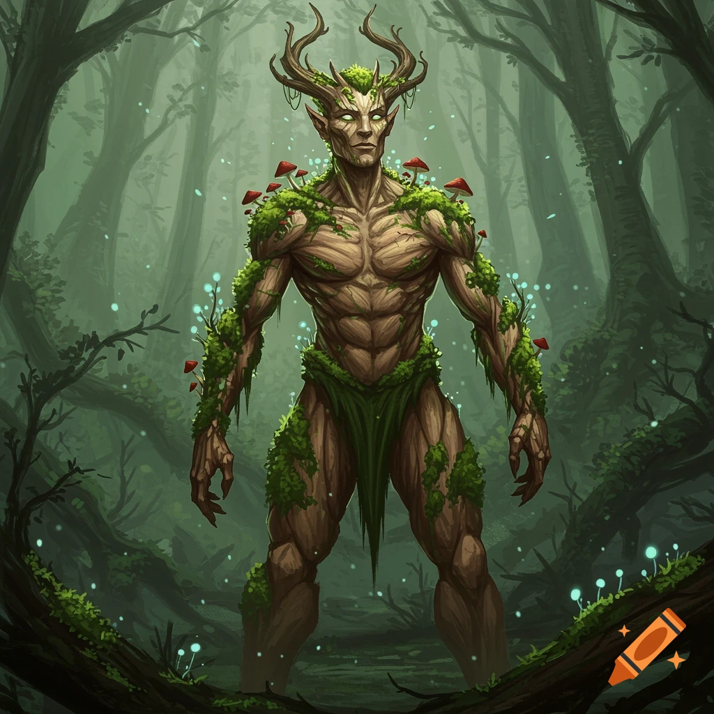 A muscular, tree-like fantasy creature with antlers, moss, and mushrooms stands in a dark, mystical forest with glowing plants.